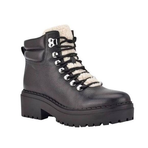 Marc Fisher Shoes - Marc Fisher Black Nairy Hiker Boots Leather Sherpa Chunky Lace Up Combat Shoes 9